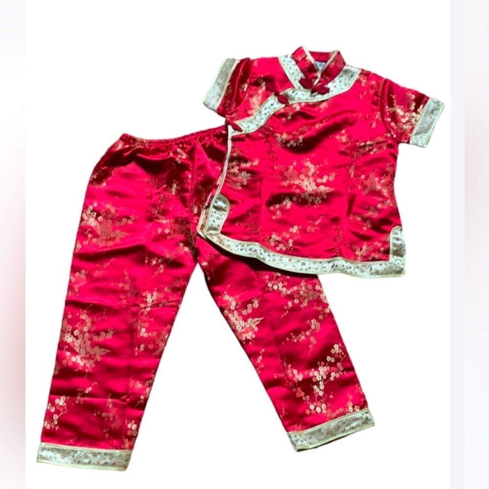 Vintage Double Peach 2 piece Asian outfit Size 10 Red and champagne color